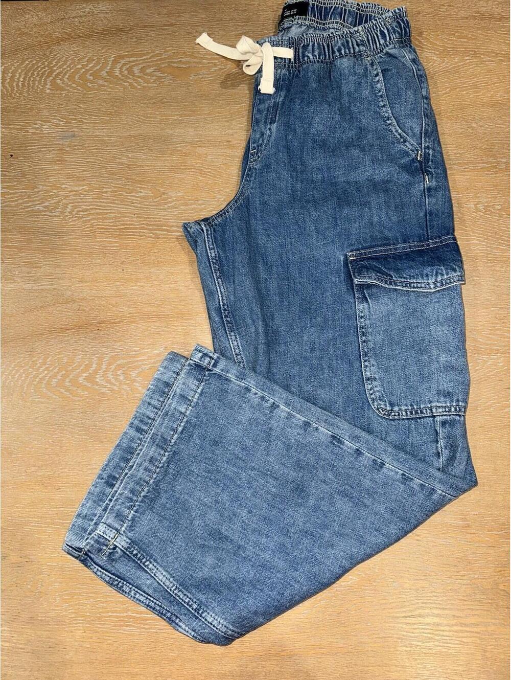 Gap Denim High Rise Wide Leg Cargo Jeans 29” Womens M Blue Drawstring Casual